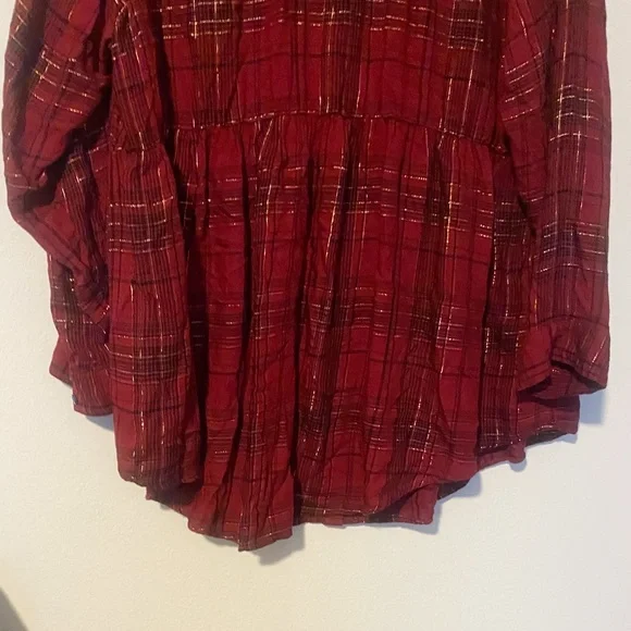 Womens High-low Burgundy Plaid Button-Front Peplum Shirt - Picture 10 of 11